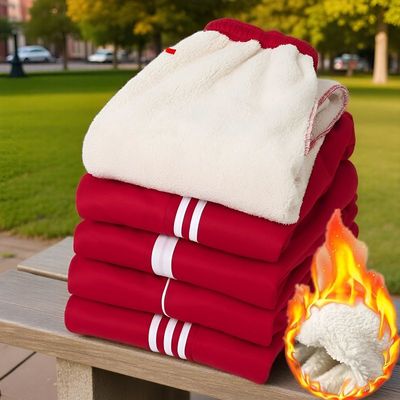 冬季加绒加厚大红色羊羔绒校裤男高中学生一二道三条杠校服裤子女