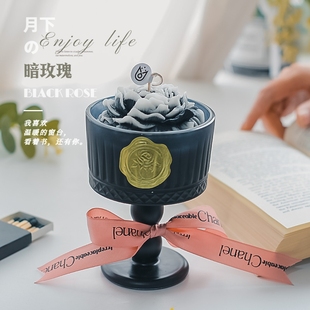 月下玫瑰黑山茶法式 高脚杯香薰蜡烛卧室小众高级感木质香摆件礼物