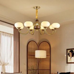 全铜中古风客厅吊灯美式实木餐厅灯2025年新款主卧室大气复古灯具
