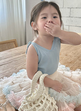 夏季女宝宝夏装搭配tutu裙上衣吊带蓝针织薄棉炫彩色蓬蓬裙两件套