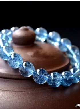 海蓝宝天然爆花水晶手串半宝石手链蓝色佛珠情侣转运蓝色晶饰珠径