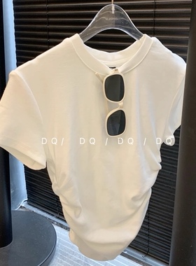 ADD十三行女装 纯色穿搭显瘦修身圆领褶皱短袖上衣女垫肩T恤打底