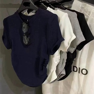 十三行2025早秋新款褶皱设计高级感垫肩T恤正肩短袖显瘦上衣