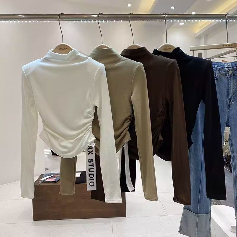 ADD舒适时尚半高领长袖打底衫侧边褶皱设计上衣2025秋季新款女装