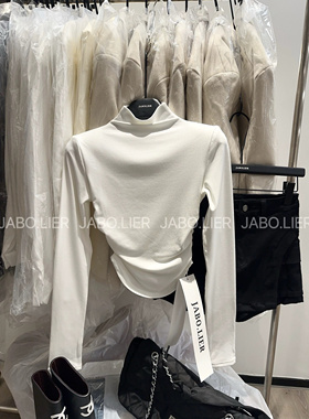 ADD韩版2025秋冬新款半高领褶皱显瘦修腰垫肩T恤上衣打底衫女加绒