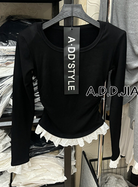 ADD十三行2025秋冬温柔风气质u领套头花边T恤衫百搭舒适洋气上衣