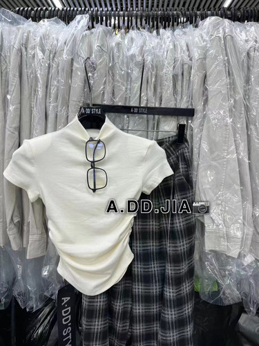 ADD韩版夏季新款半高领修身显瘦褶皱设计感短袖T恤内搭垫肩上衣女