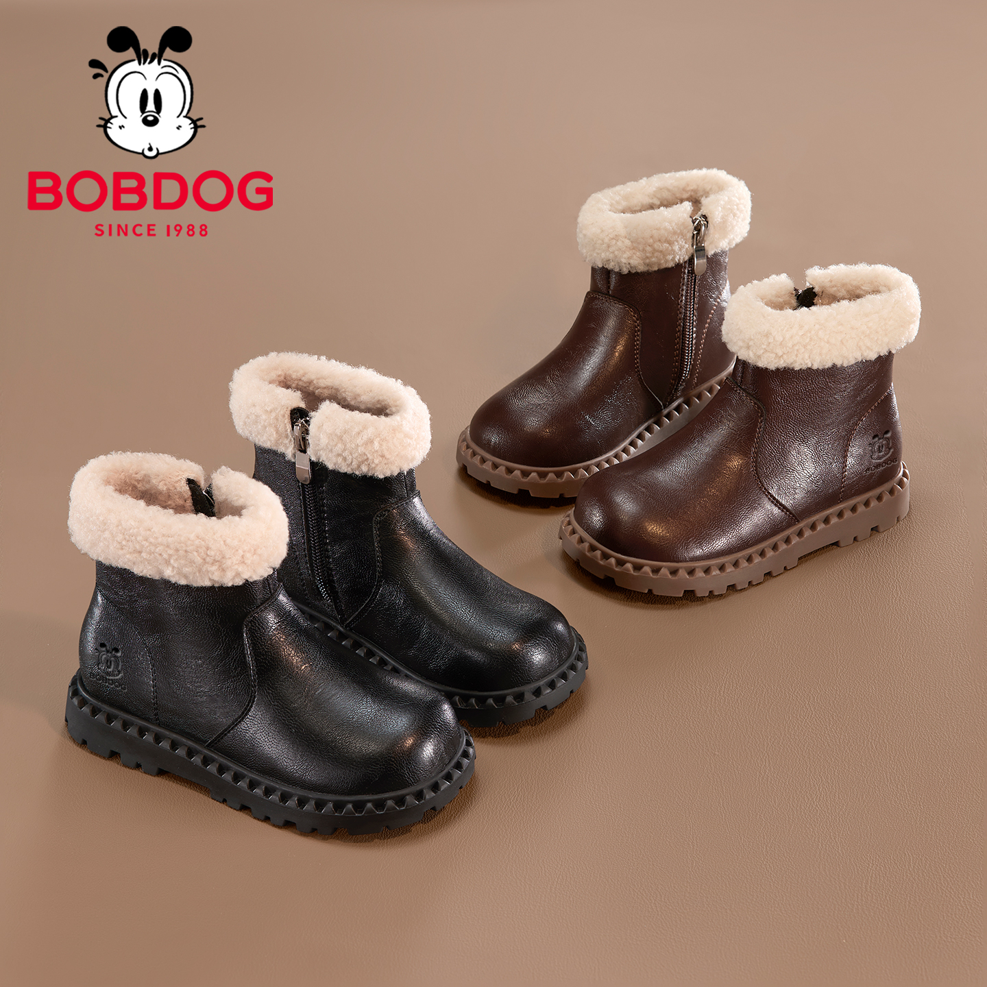 巴布豆真皮女童靴子加绒棉鞋短靴