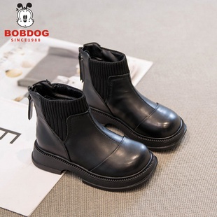 巴布豆真皮女童靴子加绒短靴2025秋冬季新款棉鞋子儿童皮靴马丁靴