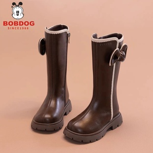 巴布豆真皮女童鞋儿童长筒靴子2025秋冬季新款高筒皮靴加绒马丁靴