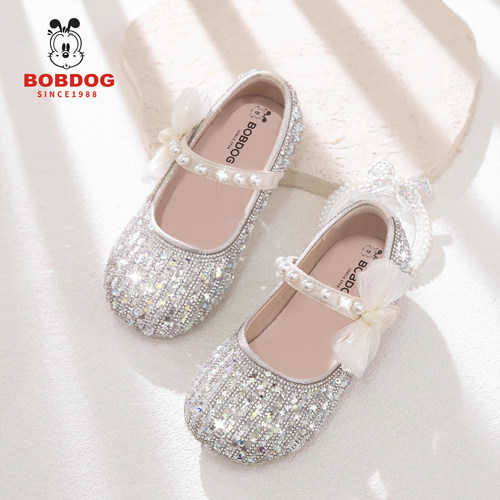 巴布豆真皮女童公主鞋水晶鞋儿童