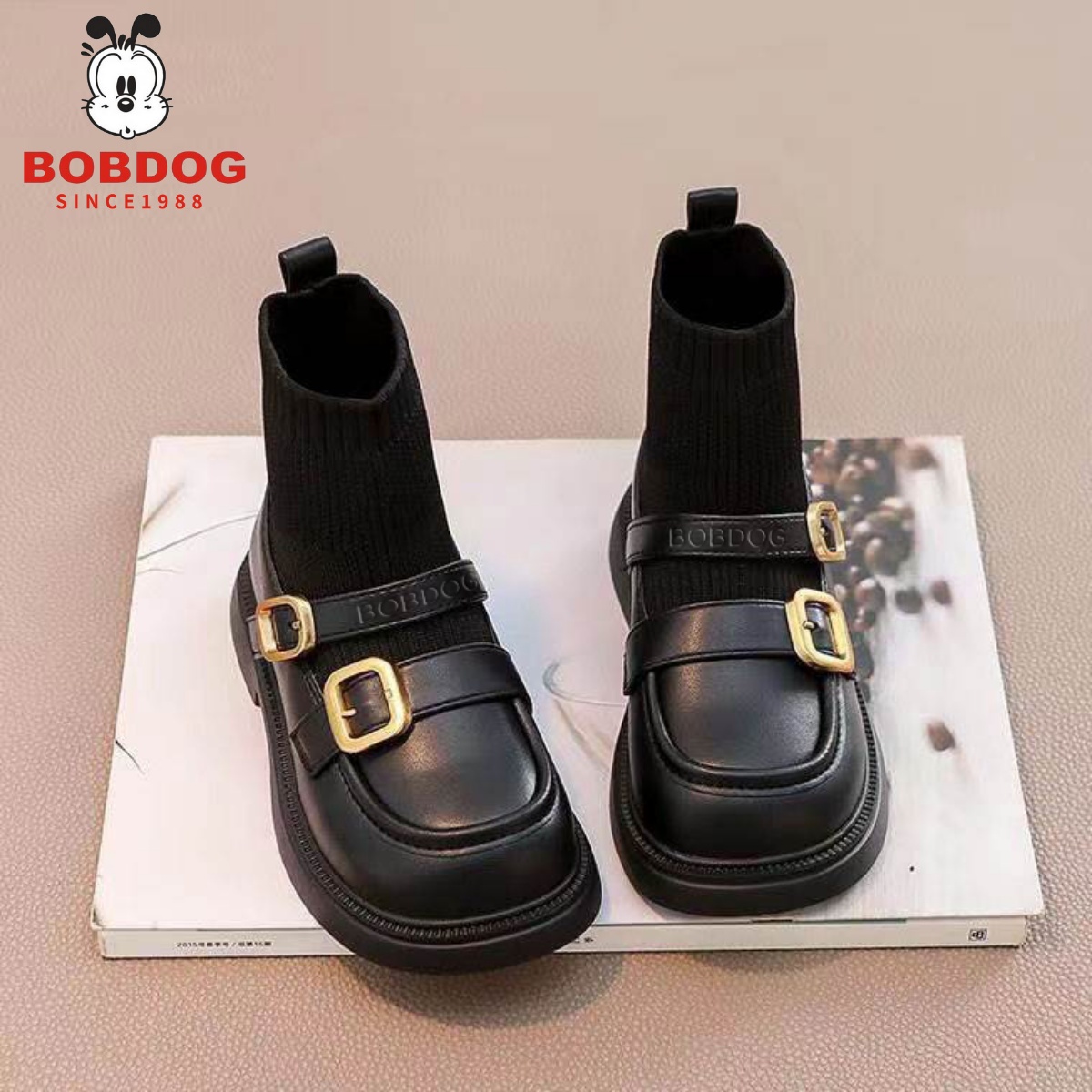 巴布豆真皮童鞋女童靴子儿童棉鞋