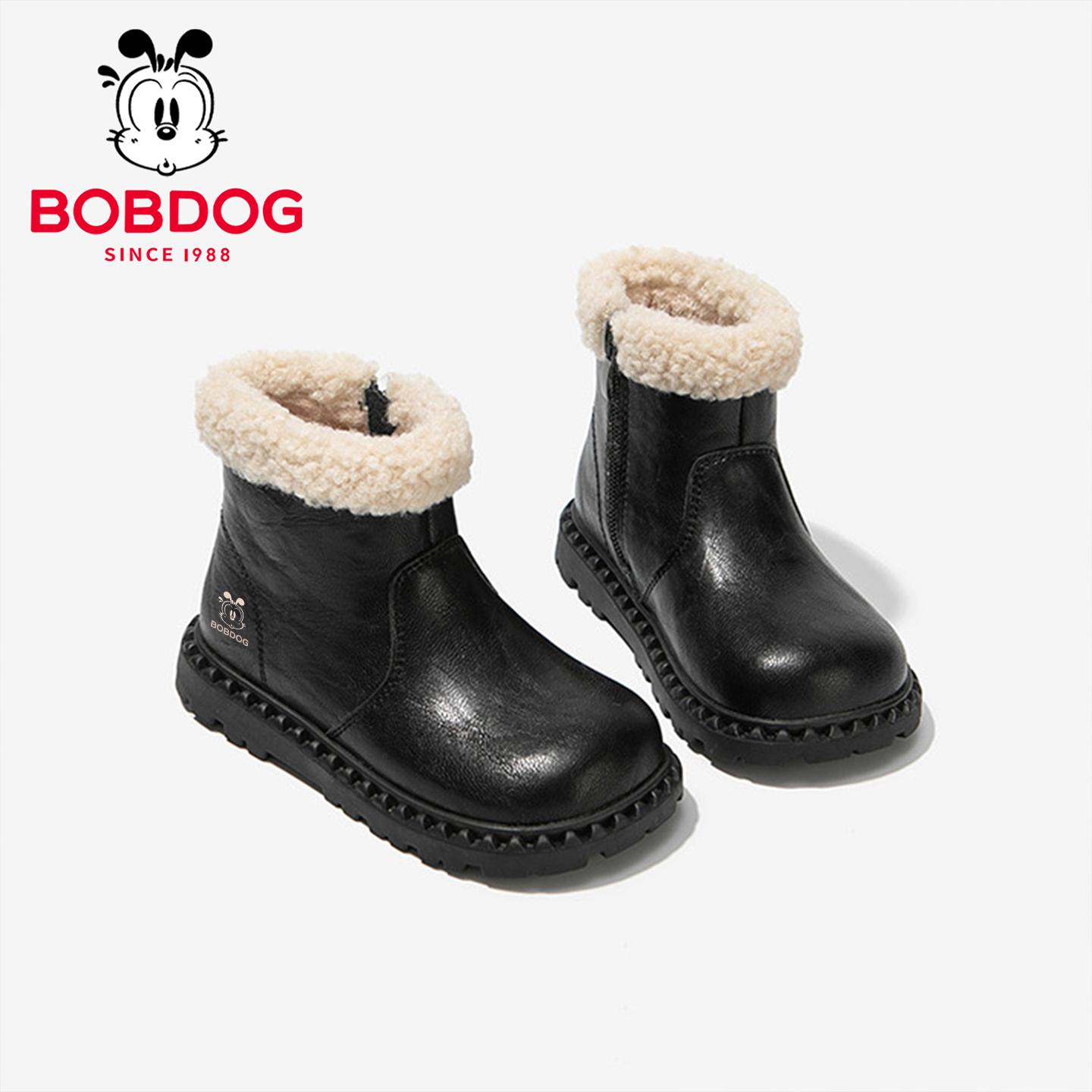 巴布豆真皮女童靴子加绒棉鞋保暖