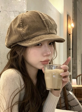 秋冬灯芯绒复古显脸小八角帽女
