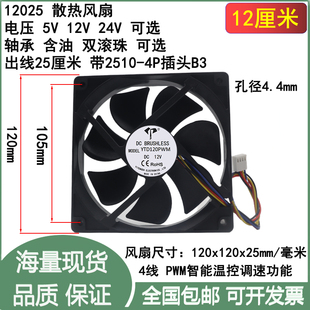 12cm厘米12025含油双滚珠5V12V24V四线PWM温控调速机箱4P散热风扇