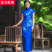 新款 真丝绣花旗袍2023春夏季 手工立领盘扣旗袍裙鸟鸣争春 现货