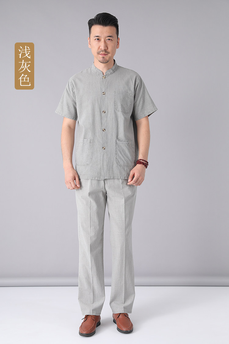 중노년 남성 면마 반팔 양복 노인 린넨 상의 여름 바지 대형 탕 양복 얇은 아빠 양복