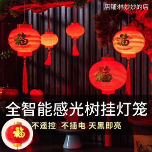 新年福字电池款PVC灯笼 免插电智能感光小宫灯挂饰圆形中式小灯笼
