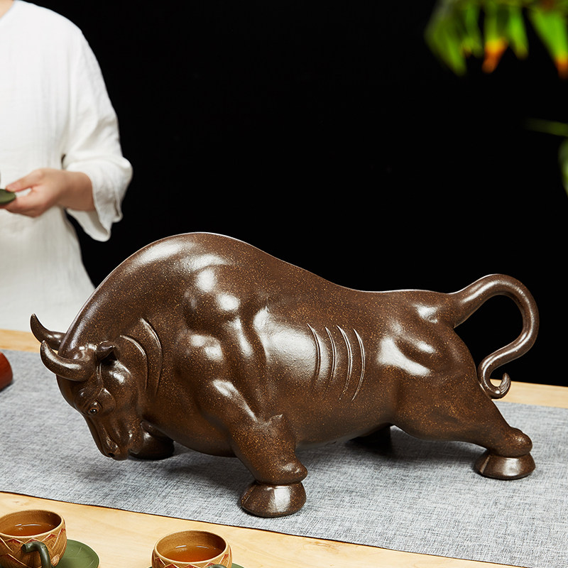 紫砂牛摆件办公室扭转乾坤家居装饰品开业礼品茶宠茶桌中式摆设