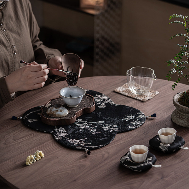 黑色茶席轻奢中式织锦缎玫瑰海棠整套茶具
