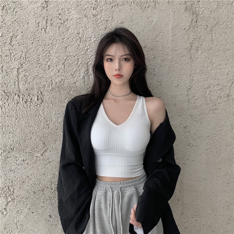 ins韩版修身显瘦V领针织吊带背心美背辣妹外穿内搭带胸垫上衣女潮