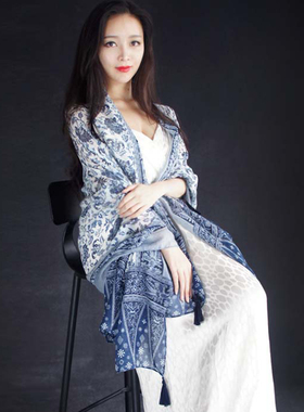 围巾青花瓷披肩流苏中国风女