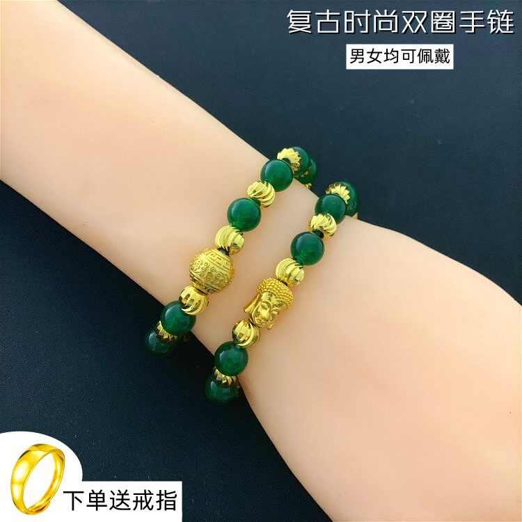 绿色多层镀黄金转运珠手串佛头