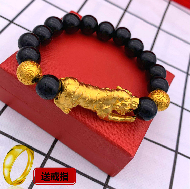 爆款越南沙金男士手链镀金老虎霸气黑曜石手串久不掉色铜合金手链