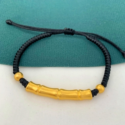 久不掉色纯手工编制越南沙金黄金色弯管男女竹节管黑红绳手绳脚链