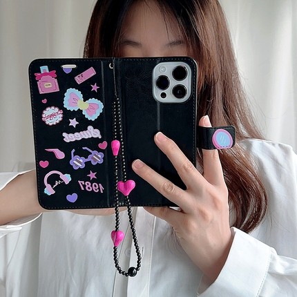 酷黑甜美少女心oppo reno9pro手机壳翻盖find x6皮套reno8/7/6/5创意a93/a57全包r15/r17软壳k9s女findx5/x3