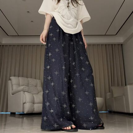 藏青色雪花碎钻阔腿裤女高腰遮跨显瘦松弛感气质休闲裤大码梨形