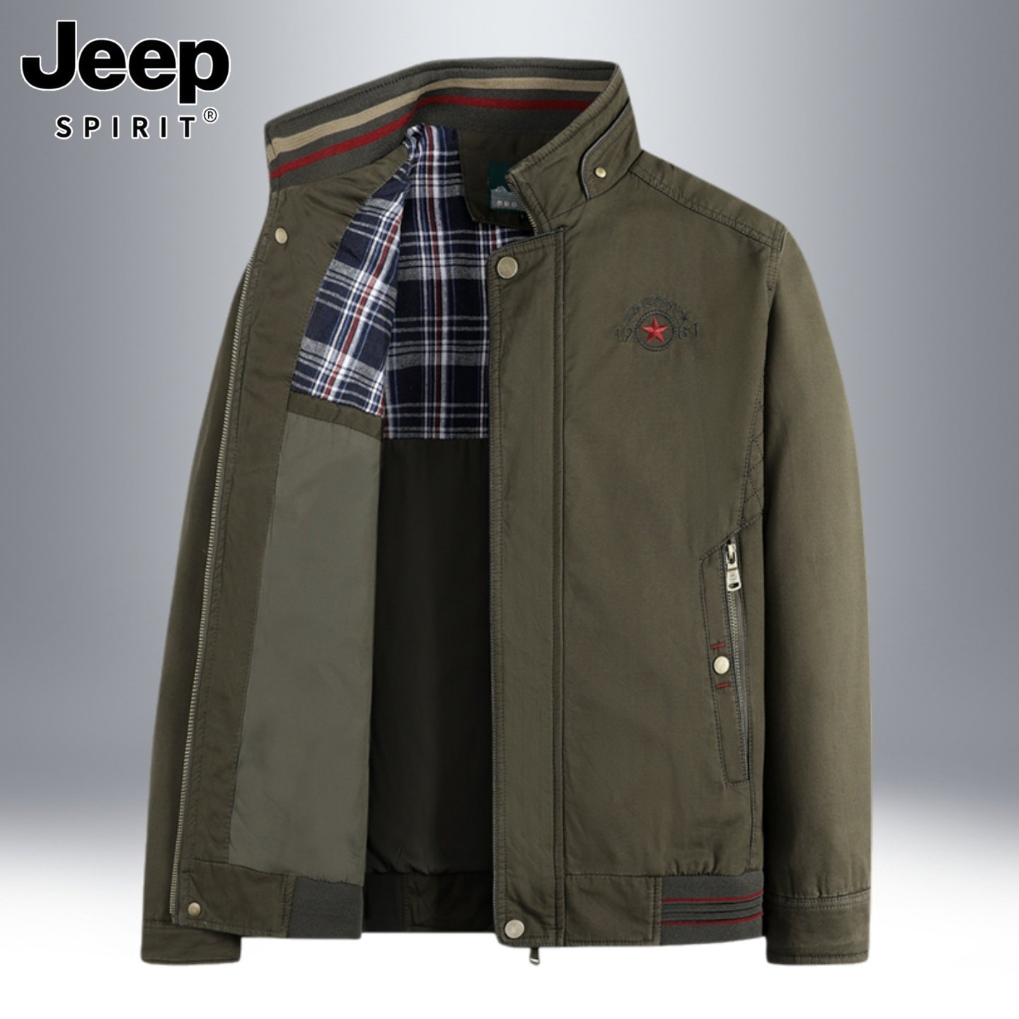 吉普中老年外套男春秋款宽松中年爸爸装男式纯棉立领休闲运动夹克