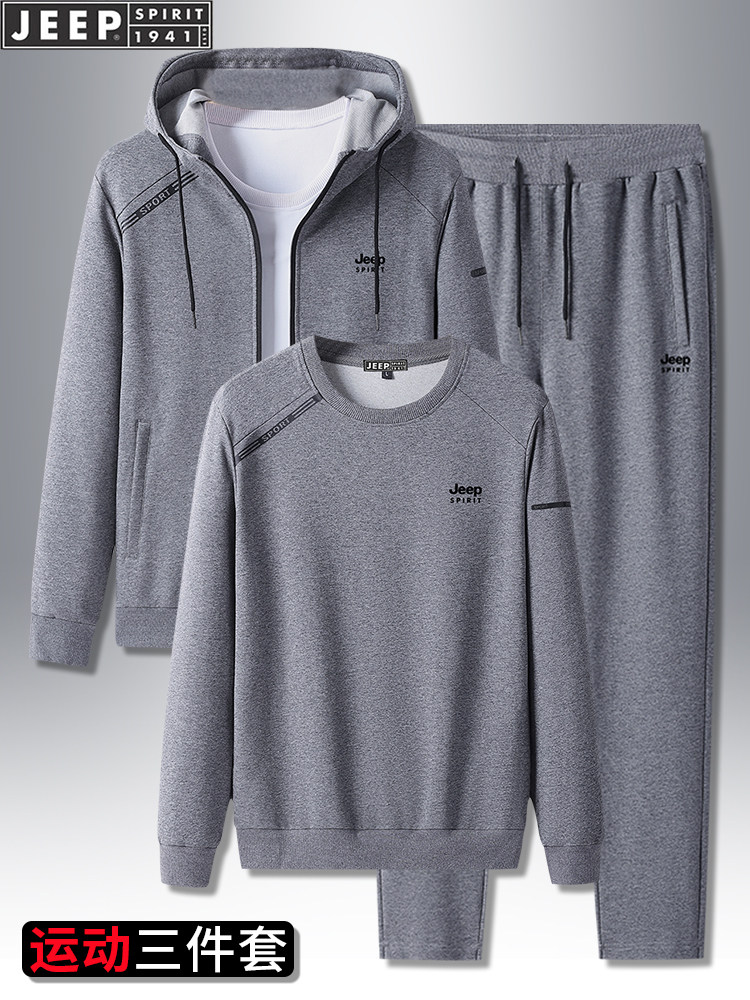 지프 순면 스포츠 정장 남성 봄 새로운 러닝 후드 캐주얼 운동복 남성용 3 피스 세트