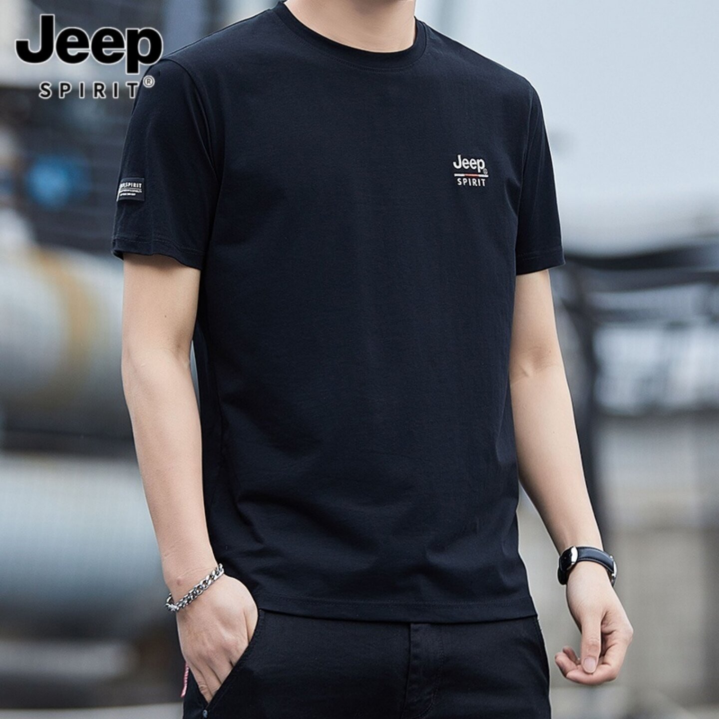 吉普纯棉短袖t恤男士夏季薄款中年爸爸男装圆领休闲运动上衣男款