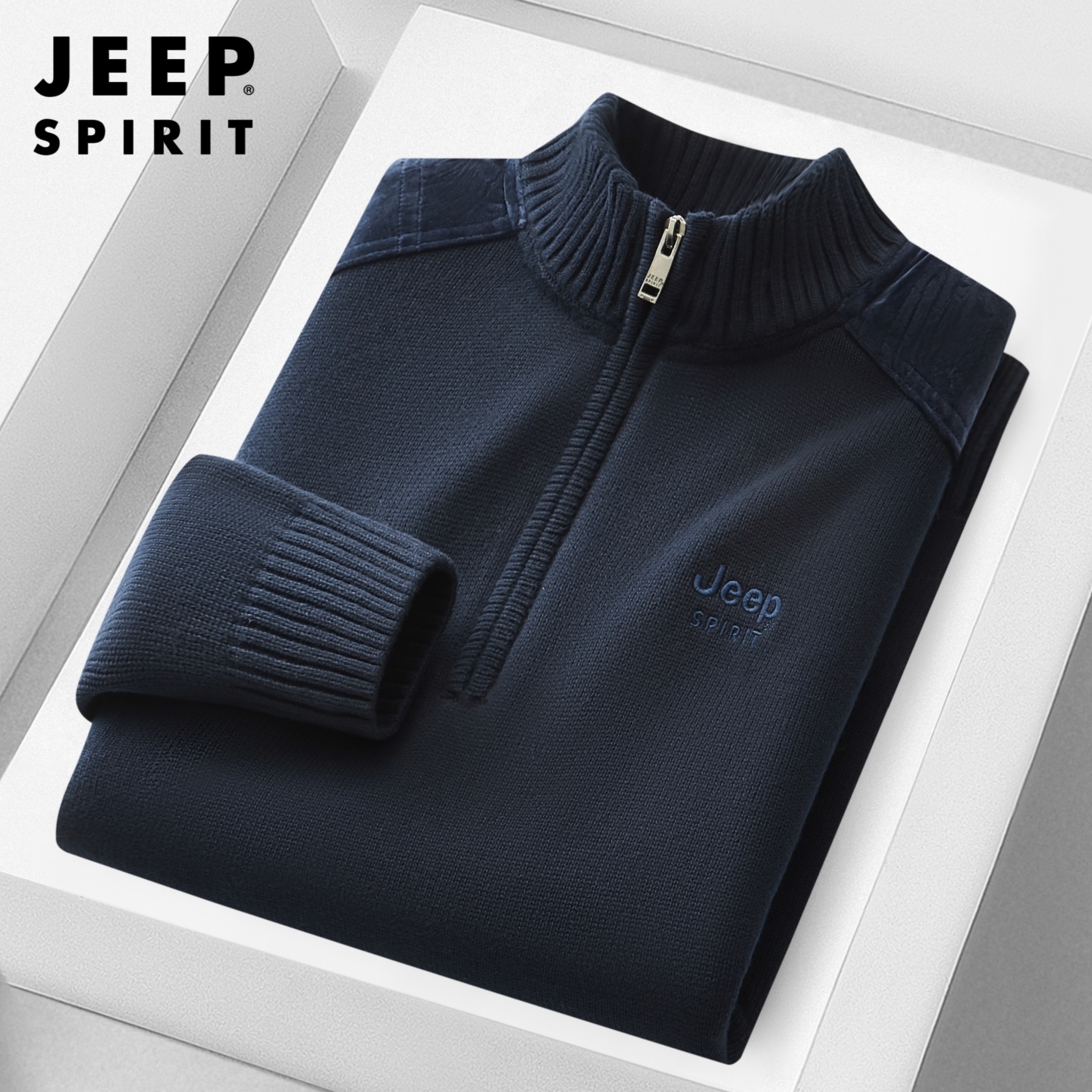 吉普加绒毛衣男冬季半拉链针织衫