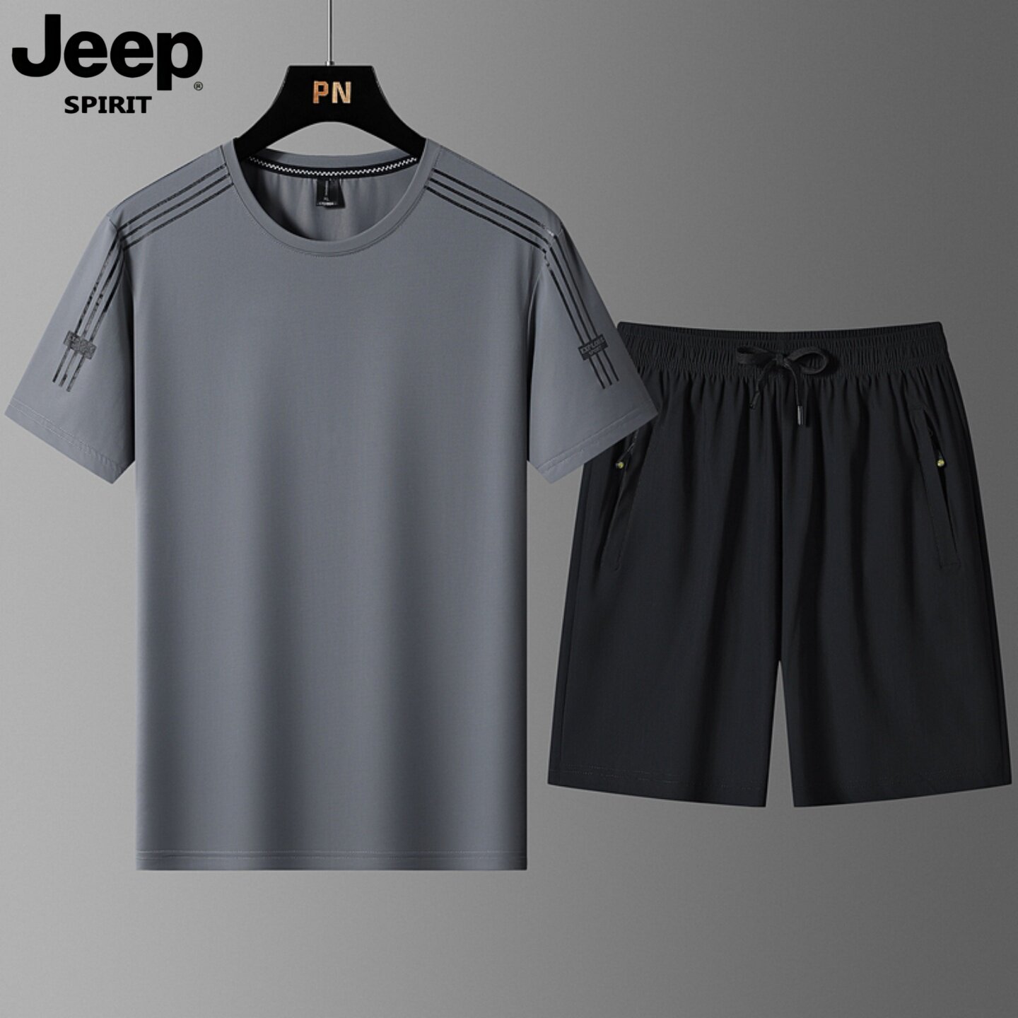 吉普冰丝运动套装男士夏季薄款大码宽松中老年爸爸跑步休闲运动服