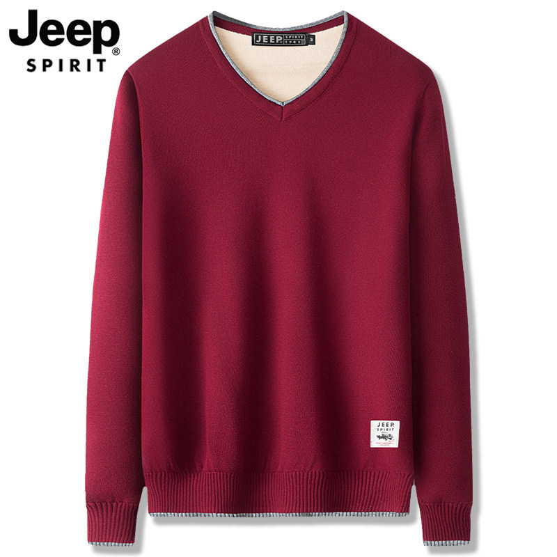 JEEP吉普加绒毛衣男冬季本命年红色中年老爸冬装针织衫休闲打底衫