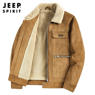 JEEP吉普加绒加厚棉衣外套男冬季 羊羔绒翻领休闲棉服 中年爸爸冬装