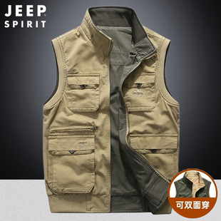 吉普工装 中老年爸爸双面穿坎肩马夹多口袋纯棉背心外套 马甲男秋季