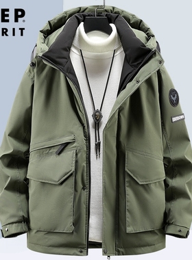 吉普JEEP羽绒服男冬季保暖宽松大码工装上衣新款男款连帽休闲外套