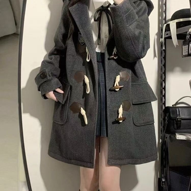 日系连帽双排扣呢子大衣宽松型春秋季新款中长情侣毛呢学院风外套,女装/女士精品,短外套,淘宝优惠券,粉丝福利购,淘宝优惠卷