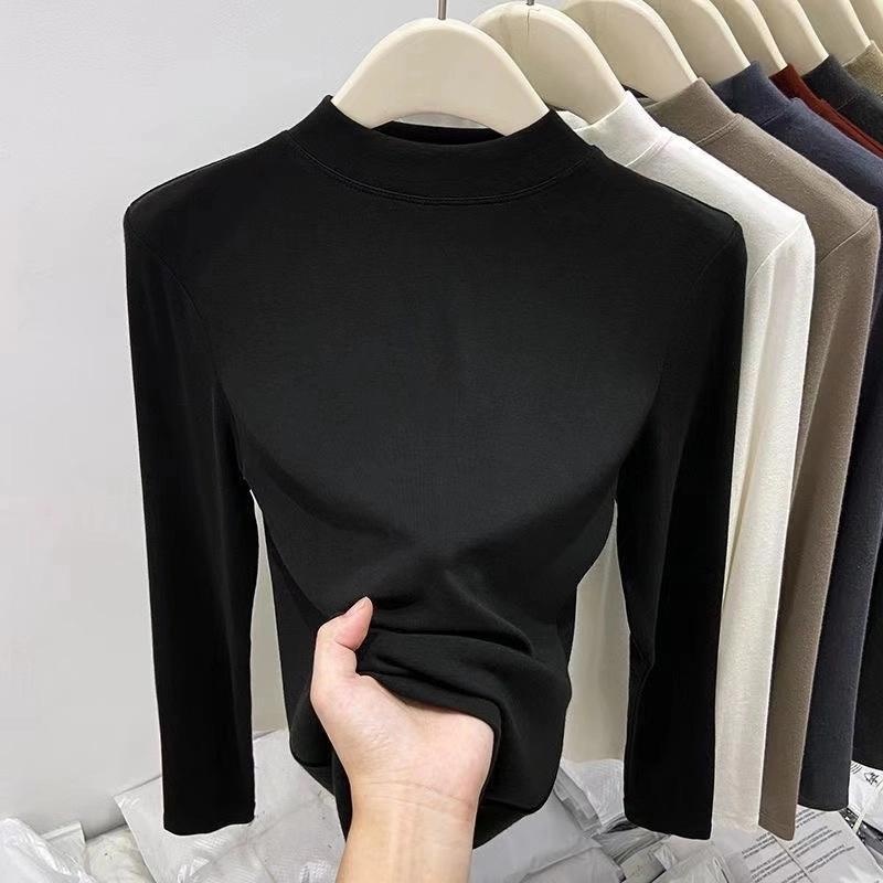 安可拉红穿搭半高领打底衫女内搭早秋新款加绒加厚保暖T恤上衣