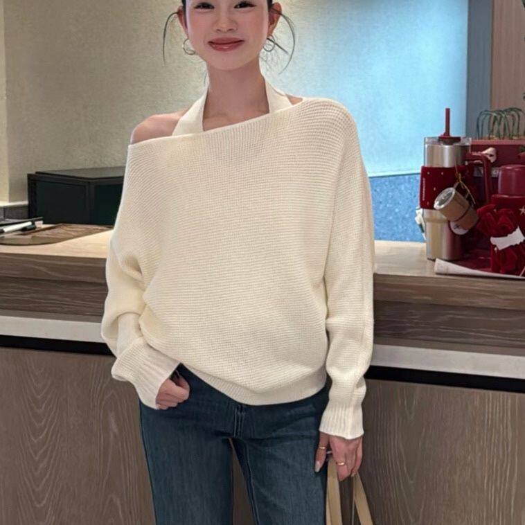 松弛风挂脖露肩羊驼毛显瘦两件套
