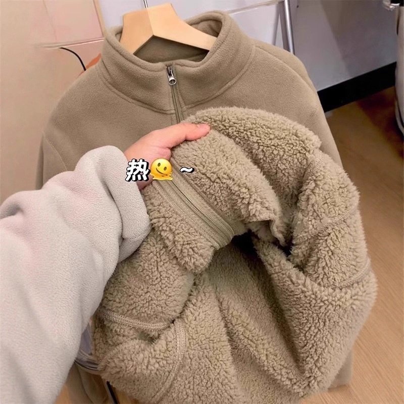 羊羔绒外套女秋冬宽松型新款棉服加绒内搭开衫加厚连帽摇粒绒卫衣