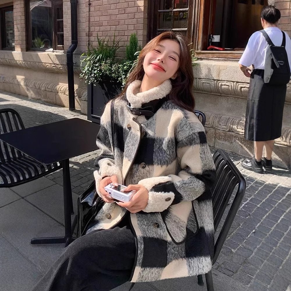 黑白格纹高级感毛呢外套中长款立领宽松夹棉内胆长袖加厚保暖女士