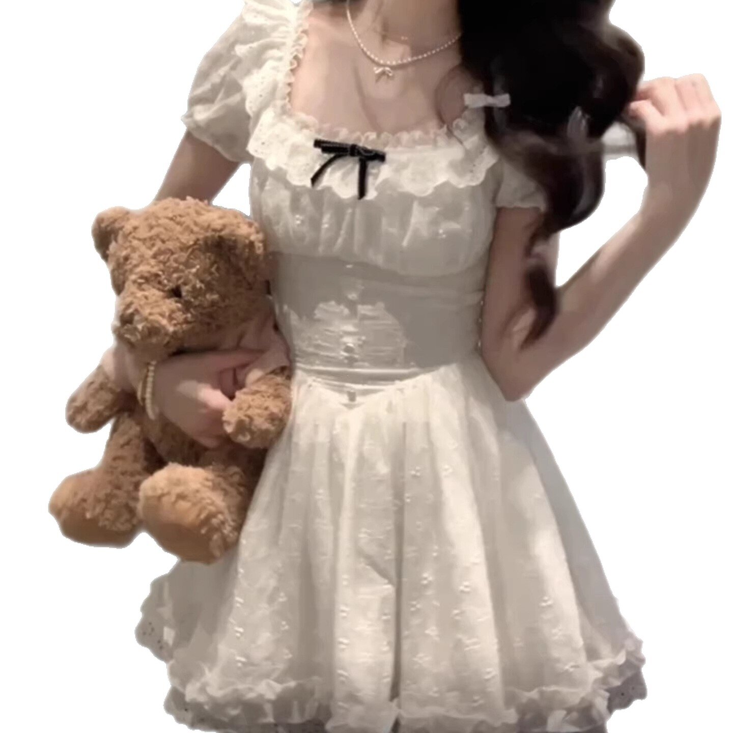 白色公主风连衣裙女雪纺白月光初恋小个子甜美温柔短袖花边蓬蓬裙