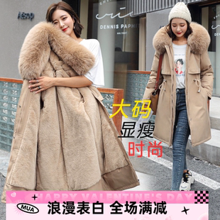 韩版大码棉衣显瘦时尚女中长款大毛领加绒内里派克服外套棉服女潮