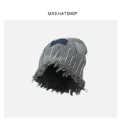 秋冬复古潮牌毛边针织套头帽男女小众时尚 补丁贴布毛线帽保暖冷帽