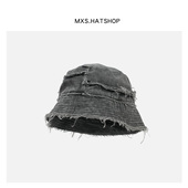 暗黑风割破拼接渔夫帽女复古日系乞丐破坏毛边盆帽遮脸水桶帽男潮