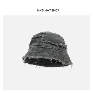 暗黑风割破拼接渔夫帽女复古日系乞丐破坏毛边盆帽遮脸水桶帽男潮